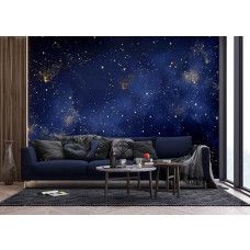 Een fotobehang met een dromerige aquarel sterrenhemel in de woonkamer, waarin de vloeiende penseelstreken en subtiele sterren een magische sfeer creëren.
