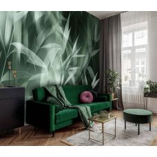 Fotobehang met elegante bamboebladeren in zachte kleuren in een landelijke woonkamer.