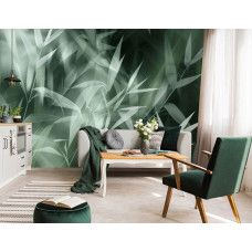 Fotobehang met gestileerde bamboebladeren in een strak en natuurlijk ingericht woonkamer.