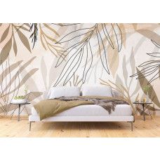 Rustgevend fotobehang in pastelkleuren van artistieke bladeren in de slaapkamer, creëert een serene en kunstzinnige ambiance.