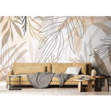 Fotobehang van artistieke bladeren in de woonkamer, brengt een stijlvolle en natuurlijke sfeer.