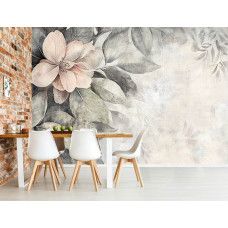 Fotobehang met een creatief bloemdesign aan de muur van een sfeervolle en moderne eetkamer.