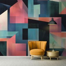 Fotobehang met kunstzinnige geometrische patronen in een strak en creatief kantoorinterieur.