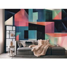Fotobehang met een modern geometrisch design aan de muur van een stijlvolle woonkamer.