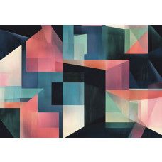 Fotobehang met artistieke geometrische vormen in zachte aardetinten en subtiele lijnen.