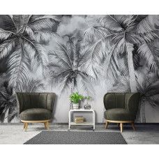 Fotobehang met imposante zwart-witte palmen in een moderne woonkamer.