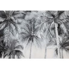 Fotobehang met artistieke palmbomen in zwart-witte illustratiestijl.