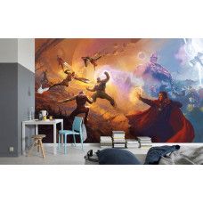 Een fotobehang van de Avengers in epische gevechten tussen twee werelden van Marvel te zien in de kinderkamer.