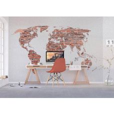 Een fotobehang van een wereldkaart in baksteenmotief, ideaal voor het creėren van een stoere en wereldse sfeer in een kantoor.