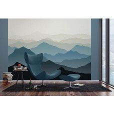 Een fotobehang van een bergachtig landschap met illustraties in een woonkamer met vliesbehang en Airtex.