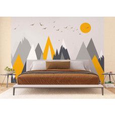 Een fotobehang van een berglandschap met illustraties van vogels en zon in een slaapkamer.