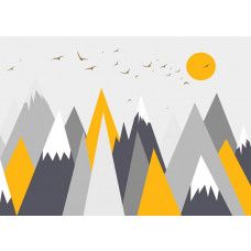Een fotobehang van een berglandschap met illustraties van vogels en zon.