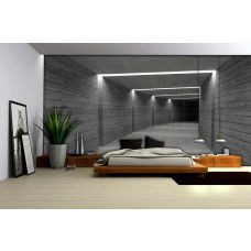 Fotobehang in de slaapkamer met een futuristische betonnen tunnel in 3D die visuele diepte creëert en een strakke sfeer toevoegt.