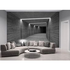 Fotobehang in de woonkamer met een grijze betonnen tunnel in 3D-stijl die zorgt voor een moderne en ruimtelijke uitstraling.