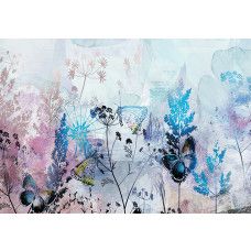 Fotobehang, Bladeren Bloemen Vlinders Blauw Roze