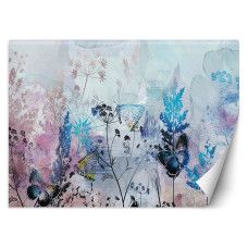 Fotobehang, Bladeren Bloemen Vlinders Blauw Roze