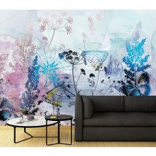Fotobehang, Bladeren Bloemen Vlinders Blauw Roze