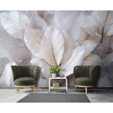 Fotobehang bladeren in aardetinten in een woonkamer met natuurlijke beige bladeren.