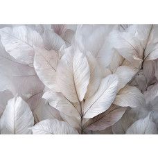 Fotobehang met grote bladeren in aardetinten en zachte beige nuances.