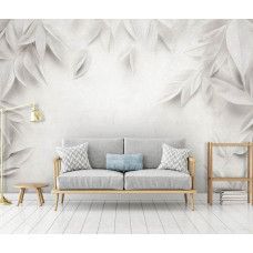 Fotobehang met ton-sur-ton bladeren aan de muur van een stijlvolle en rustige woonkamer.