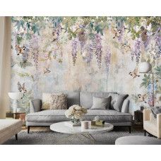 Een fotobehang met blauweregen en vogels in een kunstzinnig romantisch ontwerp, ideaal voor een woonkamer.