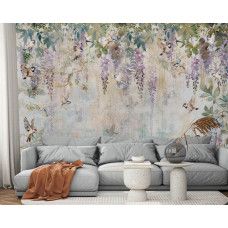 Een fotobehang met blauweregen en vogels in een artistieke stijl, geschikt voor een woonkamer.