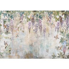 Fotobehang van blauweregen en vogels, met een kunstzinnig bloemenontwerp.