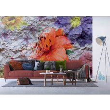 Een fotobehang van een bloem in abstracte papierkunst, dat een elegante en artistieke sfeer toevoegt aan een woonkamer.