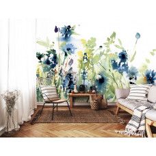 Fotobehang in een woonkamer met turquoise bloemen in waterverf en aquarelstijl op een witte achtergrond.