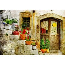 Fotobehang, De bloemen van Toscane op de trap