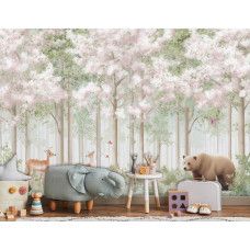 Fotobehang bosdieren in het lente bos in een kinderkamer met frisse bloesem en dieren.