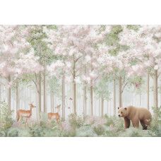 Fotobehang met hertjes, een beer en vlinders in een bos vol roze bloesem.