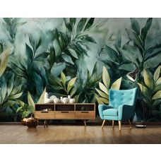 Fotobehang met aquarelbladeren in botanische stijl aan de muur van een frisse en natuurlijke woonkamer.