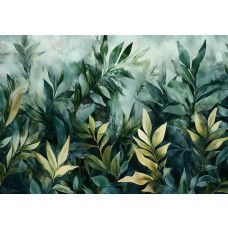 Fotobehang met een botanisch bladerpatroon in aquarelstijl met groene en beige tinten op een groene achtergrond.