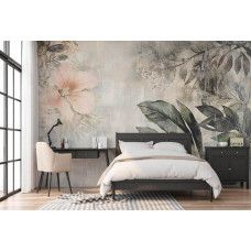 Fotobehang met tropische bladmotieven in artistieke stijl in een rustgevende slaapkamer.