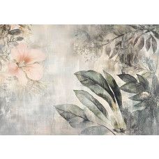 Fotobehang met een botanisch kunstwerk van tropische bladeren en planten in een schilderachtige compositie.