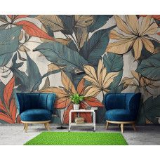 Fotobehang met botanische bladeren in een stijlvolle woonkamer.