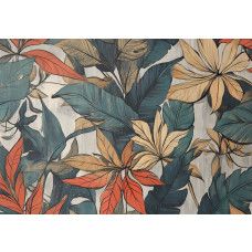 Fotobehang met botanische bladeren in warme oranje, oker en groene tinten.