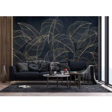 Een fotobehang met botanische bladeren en gouden accenten in de woonkamer, waar de elegante bladpatronen en warme goudtinten zorgen voor een chique en natuurlijke sfeer.