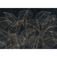 Een fotobehang met botanische bladeren en gouden accenten, waarin tropische bladeren worden gecombineerd met verfijnde gouddetails voor een luxe uitstraling.