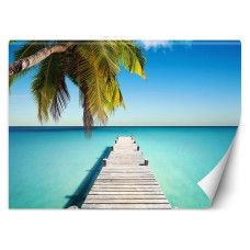 Fotobehang, Brug palmbomen strand zee