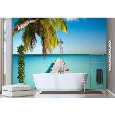 Fotobehang, Brug palmbomen strand zee