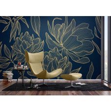 Een fotobehang met een chic gouden bloemenpatroon in een moderne woonkamer, waarbij het samenspel van groene bladeren en gouden accenten zorgt voor een stijlvolle en tijdloze uitstraling.