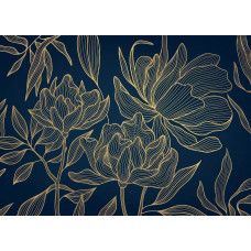 Een fotobehang met een chic gouden bloemenpatroon, waarin sierlijke bloemen en bladeren in diepe groentinten met goudaccenten een luxe en verfijnde uitstraling geven.