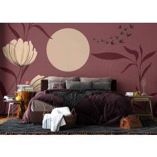 Een fotobehang met een Chinese tuin in de slaapkamer, waarin de diepe bruintinten en verfijnde natuurdetails een Oosterse en elegante sfeer creëren.