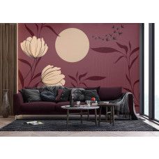 Een fotobehang met een Chinese tuin in de woonkamer, waar de gedetailleerde bloemmotieven, weelderige planten en rustgevende vogels zorgen voor een Oosterse en klassieke ambiance.