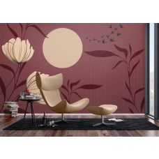 Een fotobehang met een Chinese tuin in een moderne woonkamer, waarbij de combinatie van subtiele bloemen, exotische vogels en warme aardetinten een tijdloze en Oosterse uitstraling geeft.