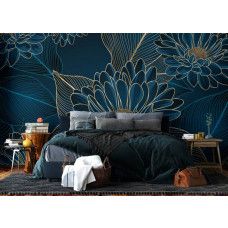 Een fotobehang met chrysanten bloemenpracht in de slaapkamer, waarin de glinsterende goudaccenten en rijke kleuren een warme en rustgevende uitstraling geven.