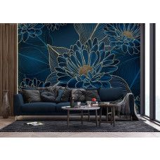 Een fotobehang met chrysanten bloemenpracht in een moderne woonkamer, waar het luxueuze bloemenpatroon met goudtinten de ruimte een stijlvolle en verfijnde look geeft.