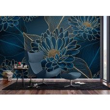 Een fotobehang met chrysanten bloemenpracht in de woonkamer, waarbij de gouden bloemen en diepe groentinten een chique en sfeervolle ambiance creëren.